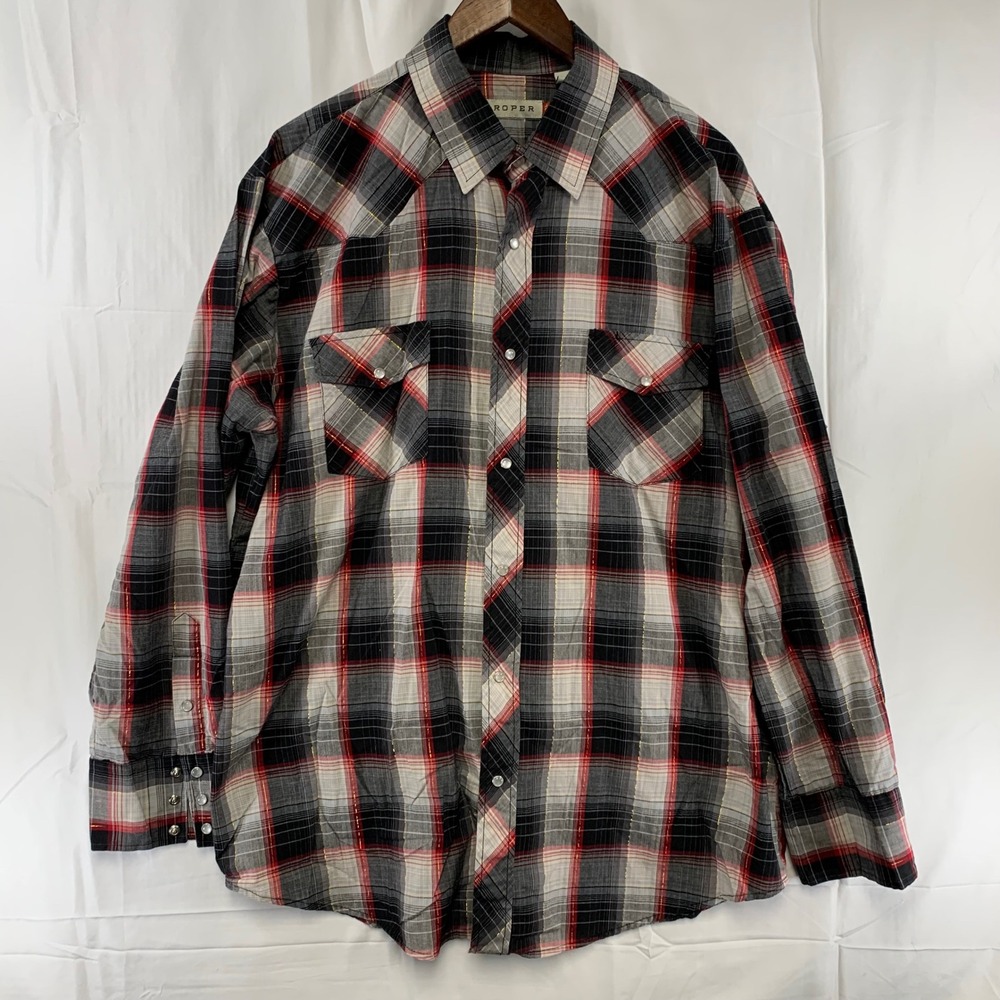 Roper Western Shirt‎ Mens 2XL Red Black Plaid Metallic Pearl Snap 1-01-101-726RE